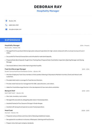 Hospitality Manager Resume