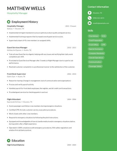 Hospitality Manager Resume