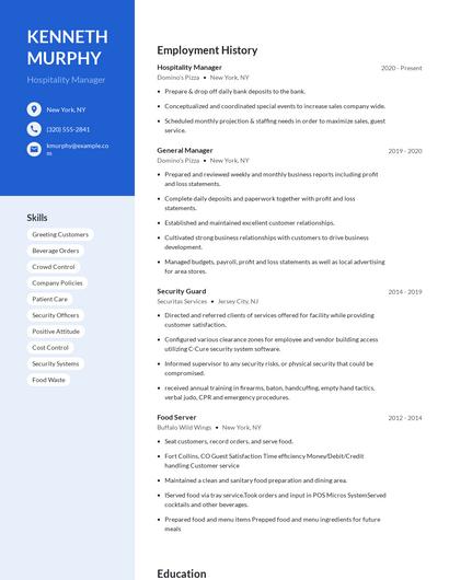Hospitality Manager Resume