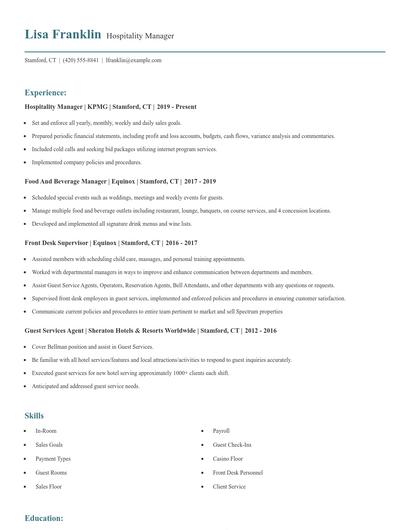 Hospitality Manager Resume