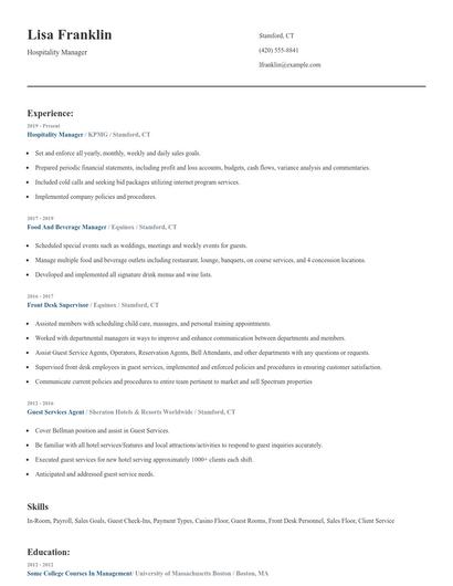 Hospitality Manager Resume