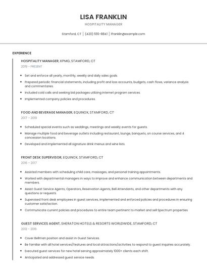 Hospitality Manager Resume