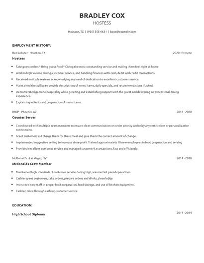 Hostess Resume
