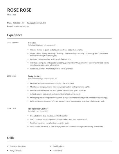 Hostess Resume