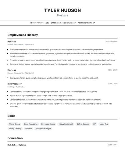 Hostess Resume