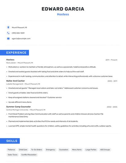 Hostess Resume