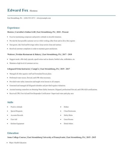 Hostess Resume