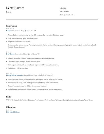 Hostess Resume