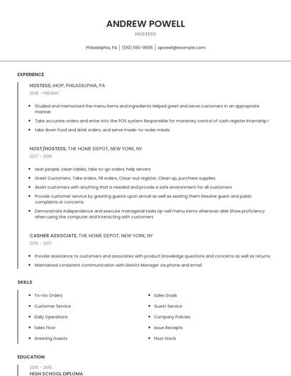 Hostess Resume