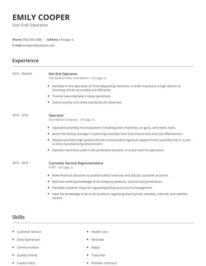 Hot End Operator Resume