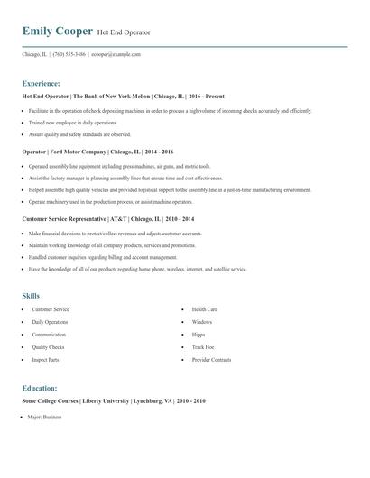 Hot End Operator Resume