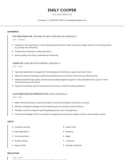 Hot End Operator Resume