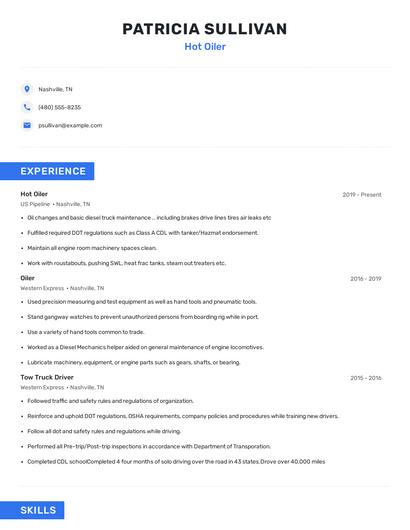 Hot Oiler Resume