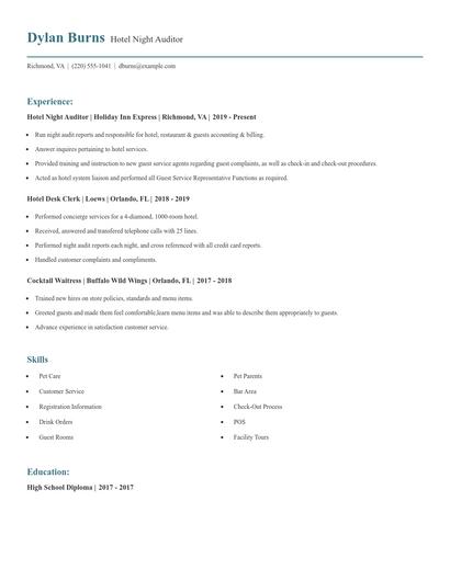 Hotel Night Auditor Resume