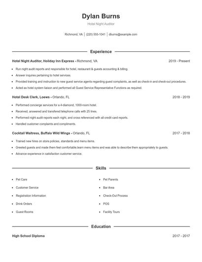Hotel Night Auditor Resume