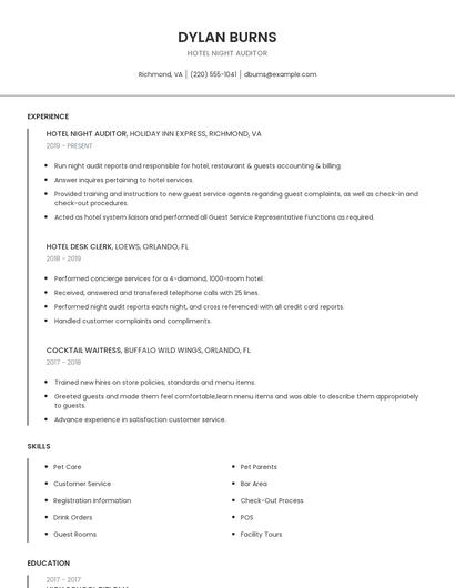 Hotel Night Auditor Resume
