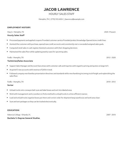 Hourly Sales Staff Resume