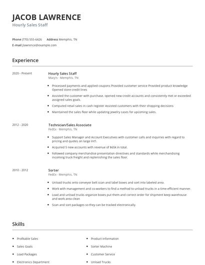Hourly Sales Staff Resume