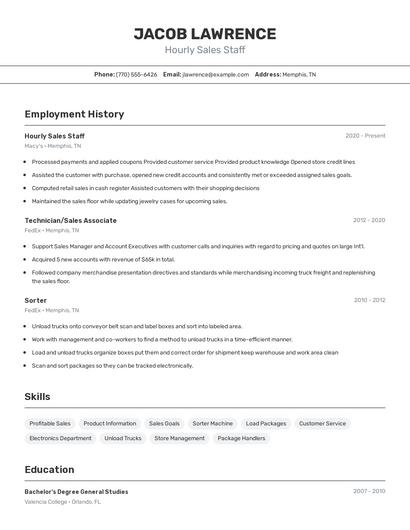 Hourly Sales Staff Resume