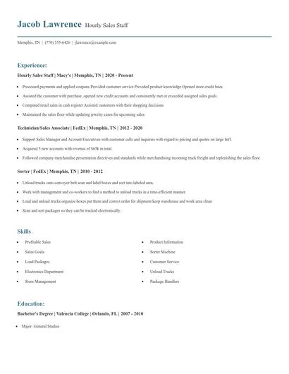 Hourly Sales Staff Resume
