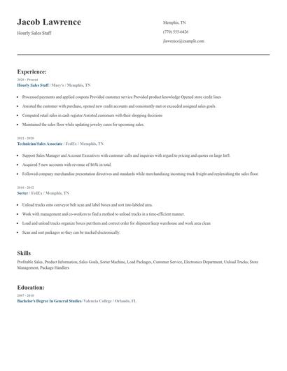 Hourly Sales Staff Resume