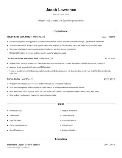 Hourly Sales Staff Resume