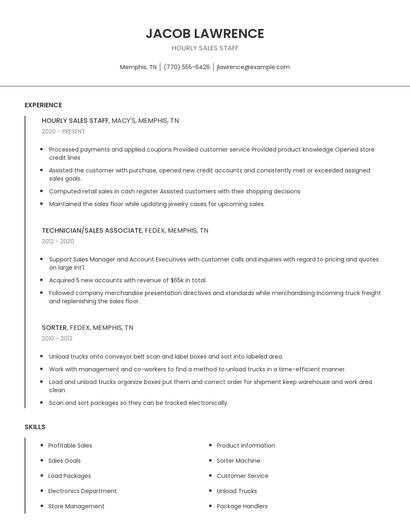 Hourly Sales Staff Resume