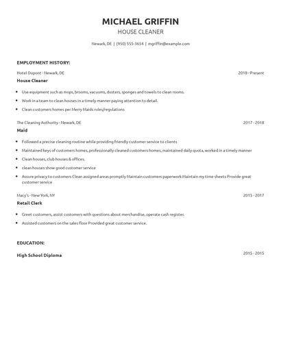 House Cleaner Resume