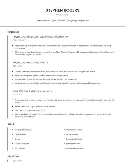 Housekeeper Resume