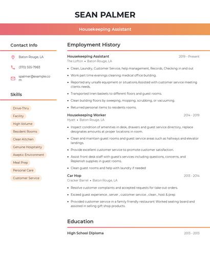 Housekeeping Assistant Resume