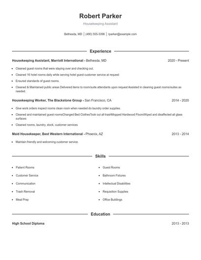 Housekeeping Assistant Resume