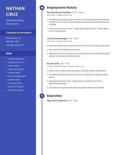 Housekeeping Attendant Resume
