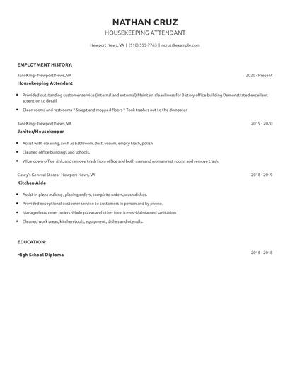 Housekeeping Attendant Resume