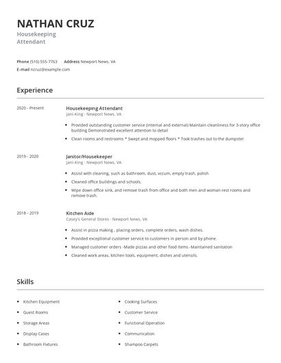 Housekeeping Attendant Resume