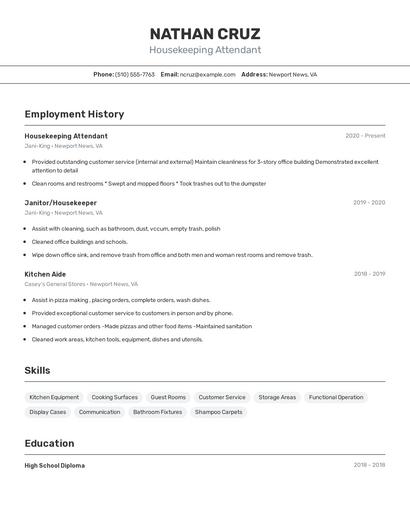 Housekeeping Attendant Resume