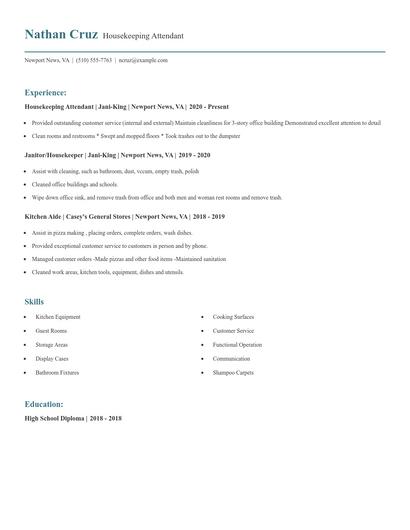 Housekeeping Attendant Resume