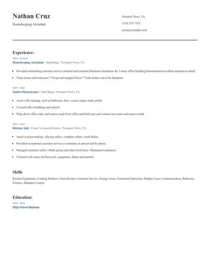 Housekeeping Attendant Resume