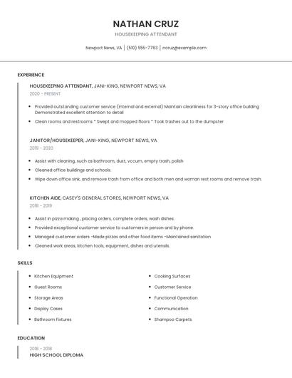 Housekeeping Attendant Resume