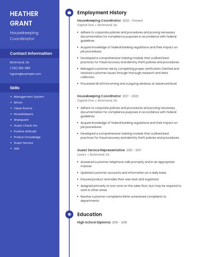 Housekeeping Coordinator Resume