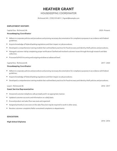 Housekeeping Coordinator Resume