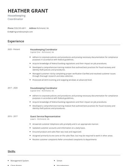 Housekeeping Coordinator Resume