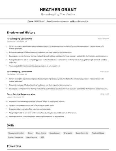 Housekeeping Coordinator Resume