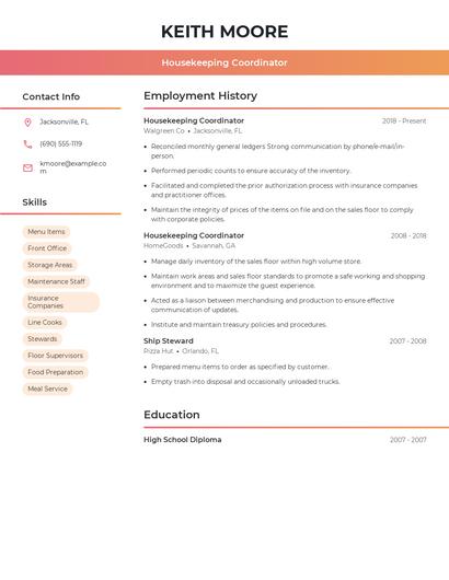 Housekeeping Coordinator Resume