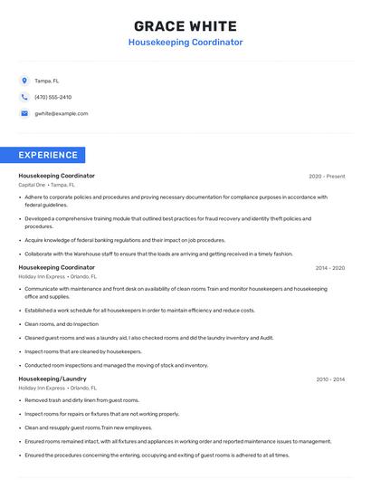 Housekeeping Coordinator Resume