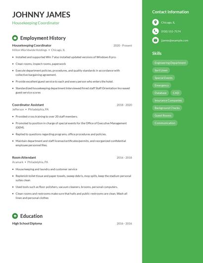 Housekeeping Coordinator Resume