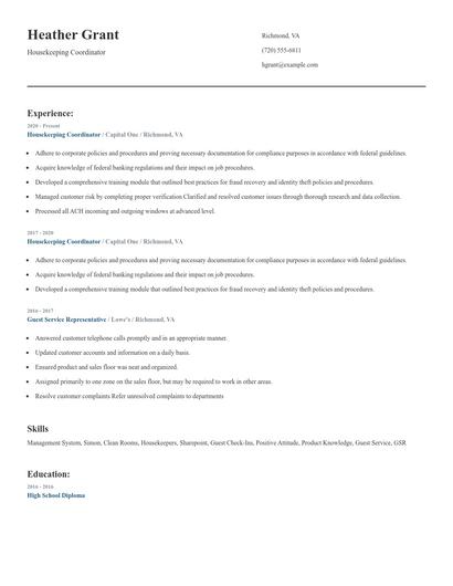 Housekeeping Coordinator Resume