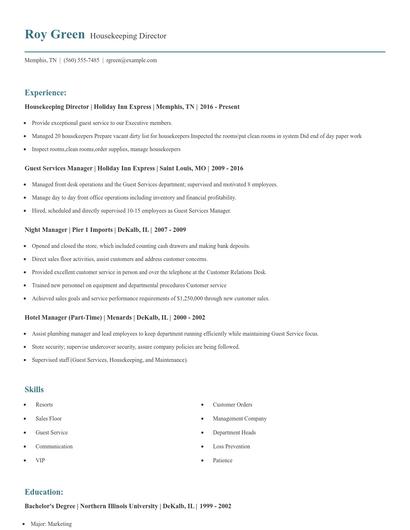 Housekeeping Director Resume