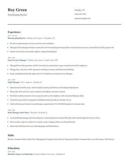 Housekeeping Director Resume