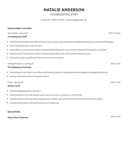 Housekeeping Staff Resume