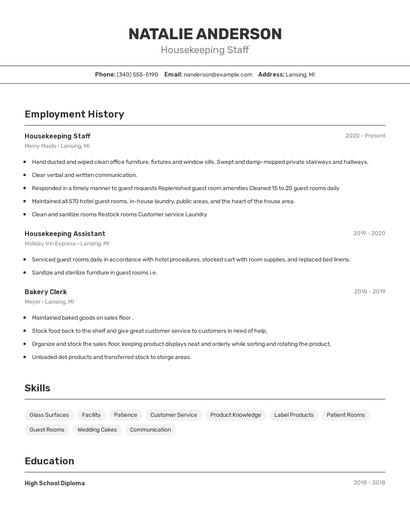 Housekeeping Staff Resume